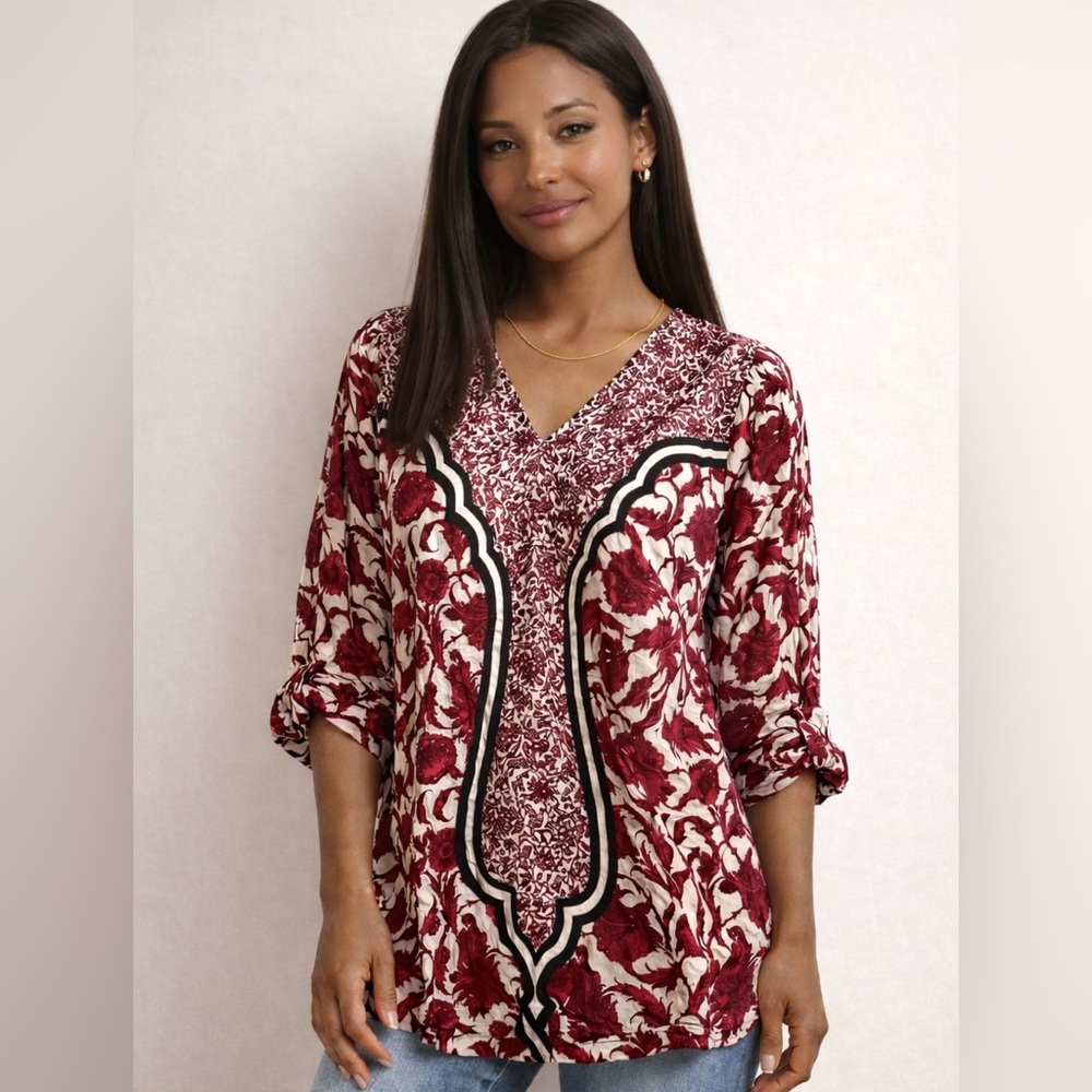 Khaadi Burgundy & Ivory Printed Tunic Top | Boho Ethnic Chic